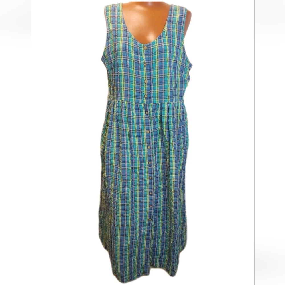 Vintage Lagenlook Seersucker Jumper Maxi Dress Woman Large Spring Plaid Button